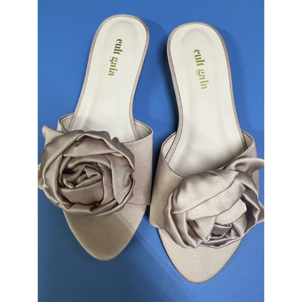 Cult Gaia Women Champagne Satin Rosette Floral Slide Sandals Size 35 Brazil